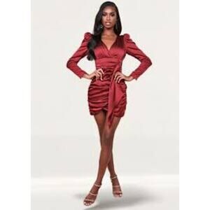 Lavish Alice long sleeve satin puff sleeve burgundy dress size 4